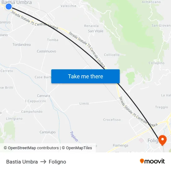 Bastia Umbra to Foligno map