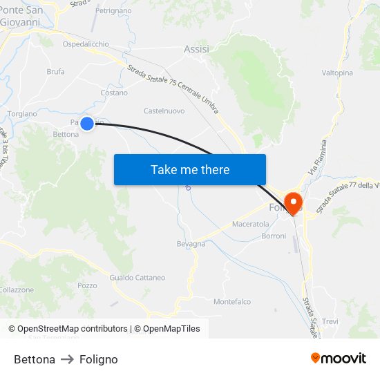 Bettona to Foligno map