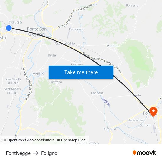 Fontivegge to Foligno map