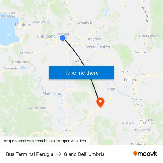 Bus Terminal Perugia to Giano Dell' Umbria map