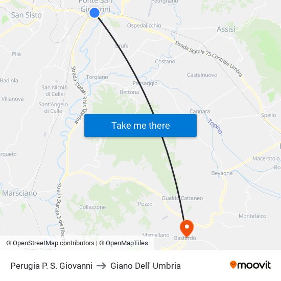 Perugia P. S. Giovanni to Giano Dell' Umbria map