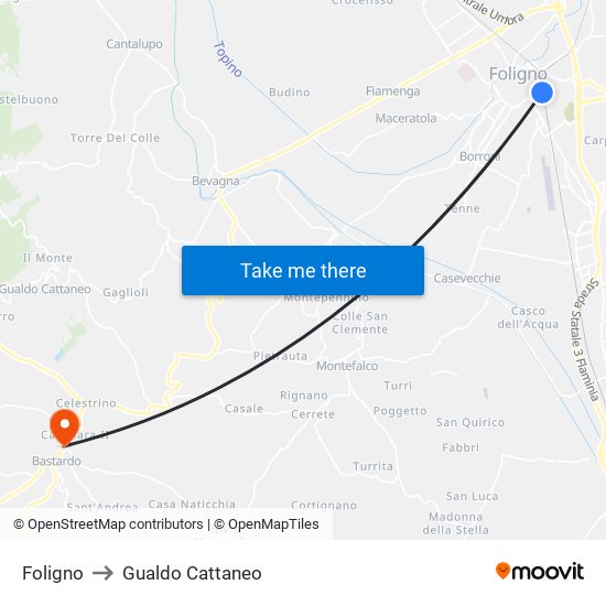 Foligno to Gualdo Cattaneo map