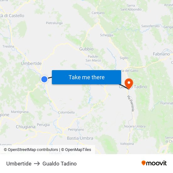 Umbertide to Gualdo Tadino map