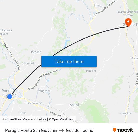 Perugia Ponte San Giovanni to Gualdo Tadino map