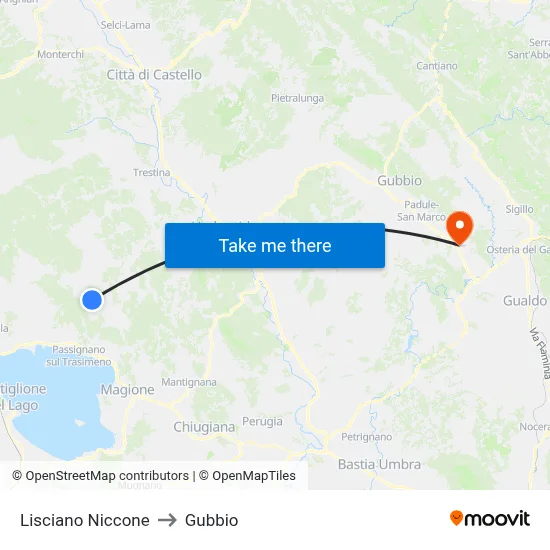 Lisciano Niccone to Gubbio map