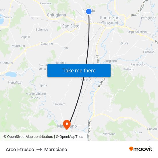 Arco Etrusco to Marsciano map