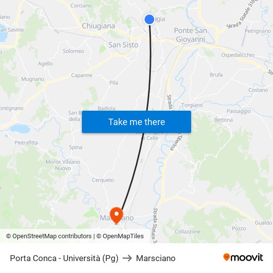 Porta Conca - Università (Pg) to Marsciano map