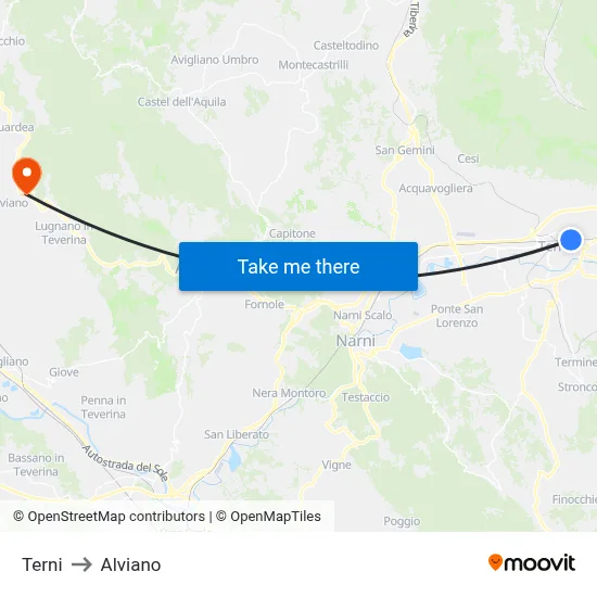 Terni to Alviano map