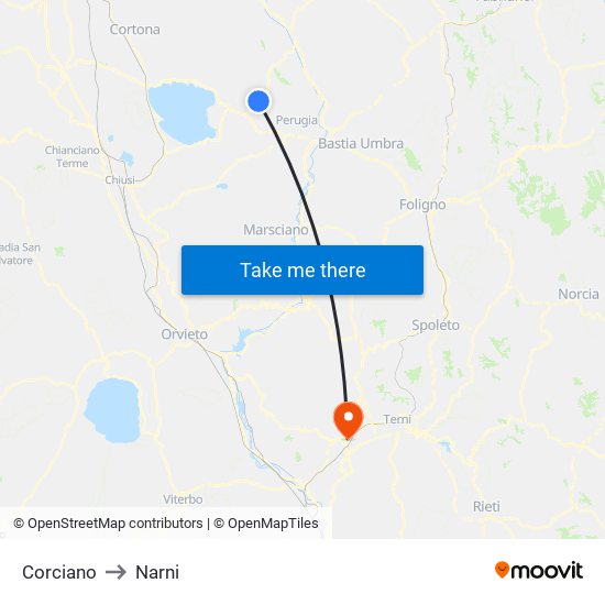 Corciano to Narni map