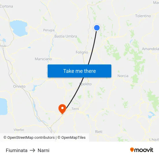 Fiuminata to Narni map