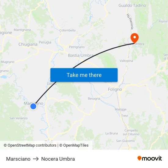 Marsciano to Nocera Umbra map