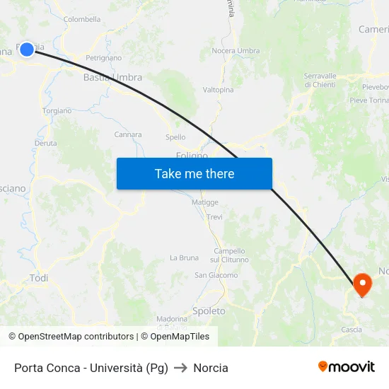 Porta Conca - University (PG) to Norcia map