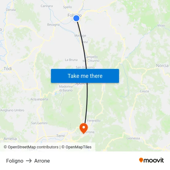Foligno to Arrone map