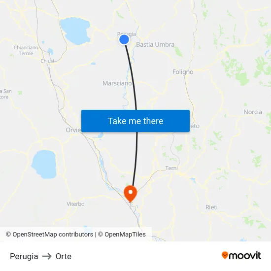 Perugia to Orte map