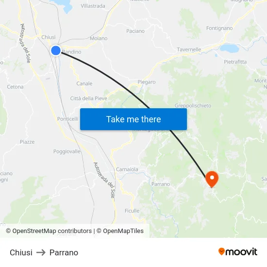 Chiusi to Parrano map