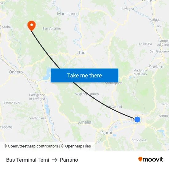 Bus Terminal Terni to Parrano map