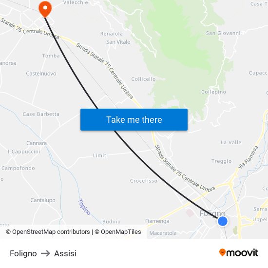 Foligno to Assisi map