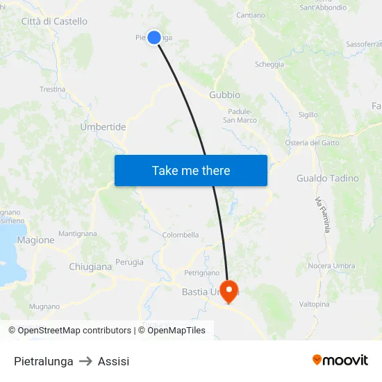 Pietralunga to Assisi map