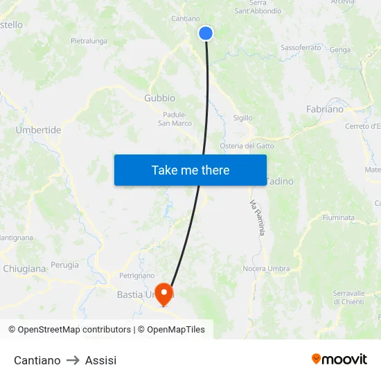 Cantiano to Assisi map