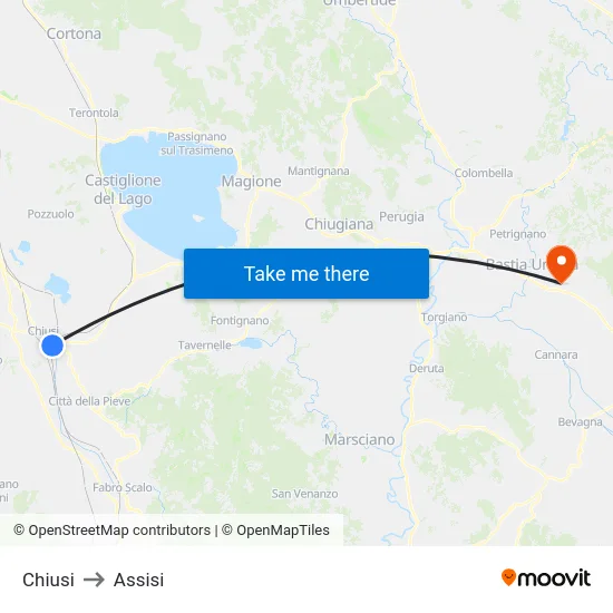 Chiusi to Assisi map