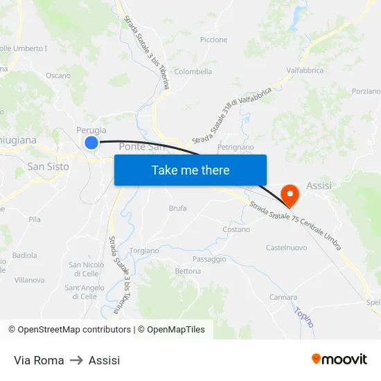 Via Roma to Assisi map