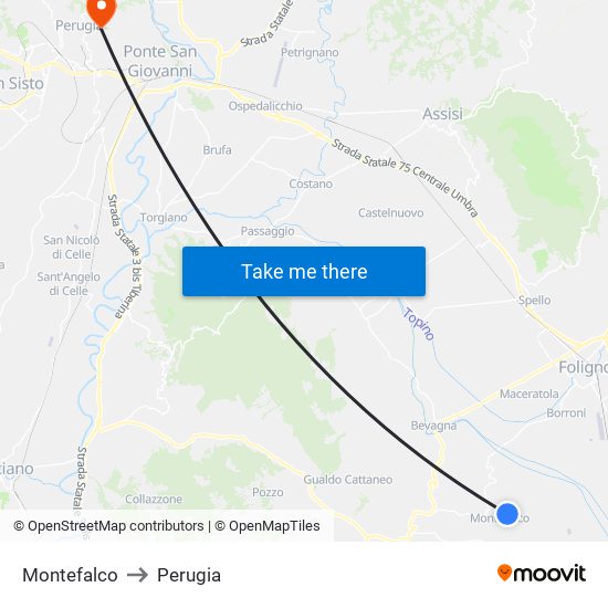 Montefalco to Perugia map