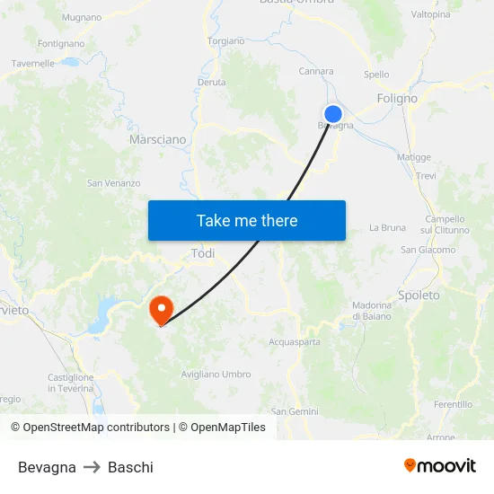 Bevagna to Baschi map