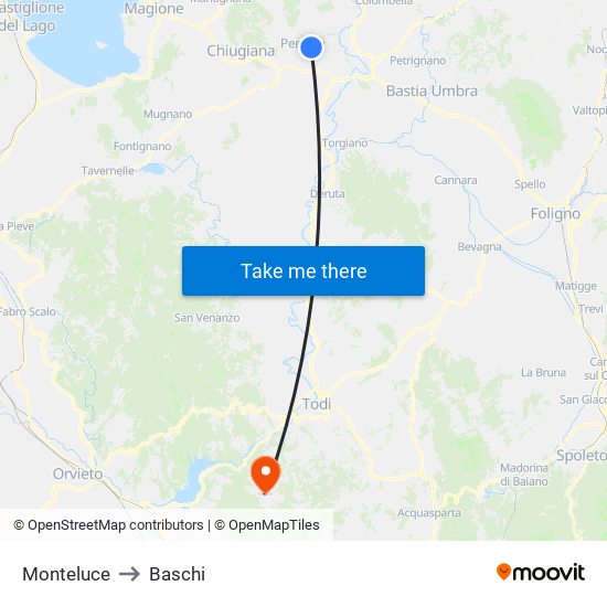 Monteluce to Baschi map