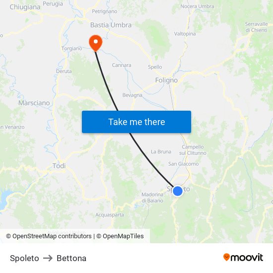 Spoleto to Bettona map