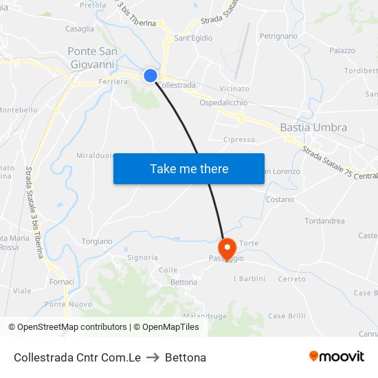 Collestrada Cntr Com.Le to Bettona map