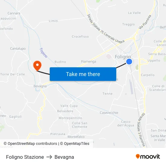 Foligno Stazione to Bevagna map