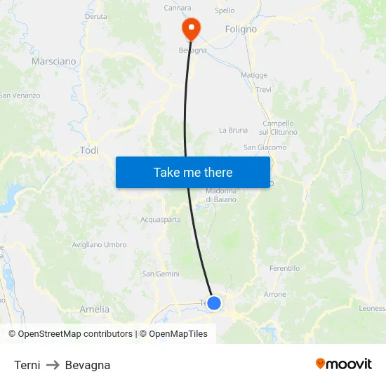 Terni to Bevagna map