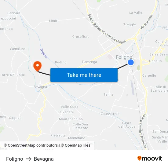 Foligno to Bevagna map