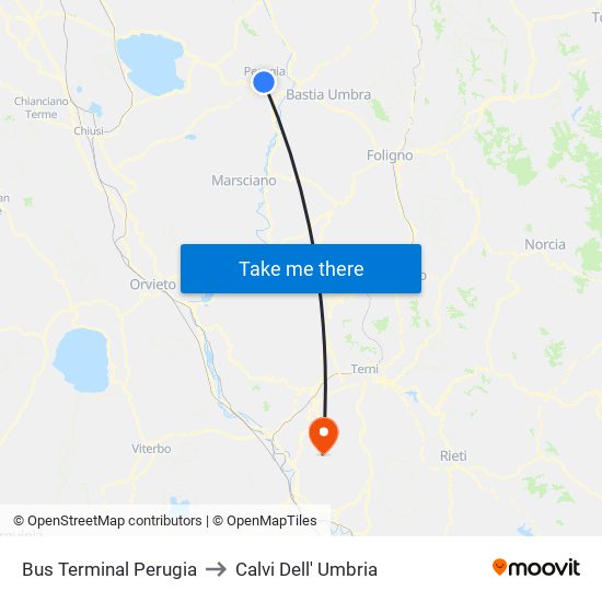 Bus Terminal Perugia to Calvi Dell' Umbria map
