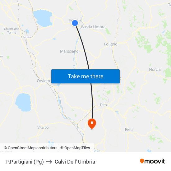 P.Partigiani (Pg) to Calvi Dell' Umbria map