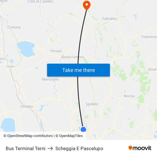 Bus Terminal Terni to Scheggia E Pascelupo map