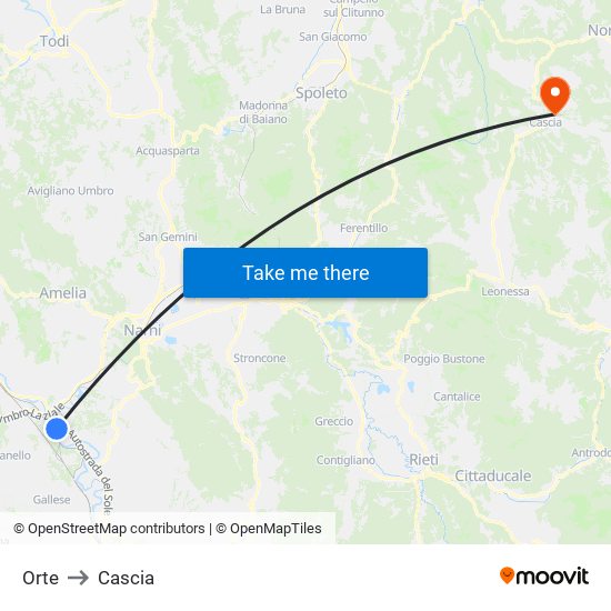 Orte to Cascia map