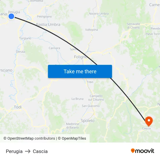 Perugia to Cascia map