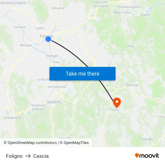 Foligno to Cascia map