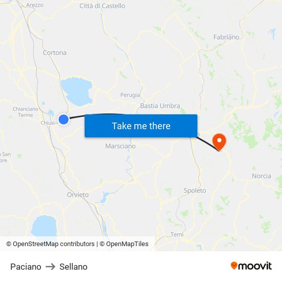 Paciano to Sellano map