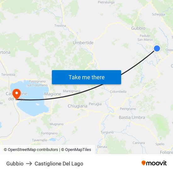 Gubbio to Castiglione Del Lago map