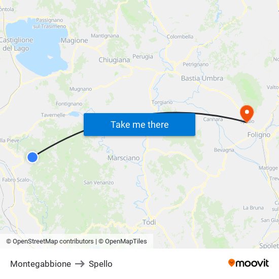 Montegabbione to Spello map