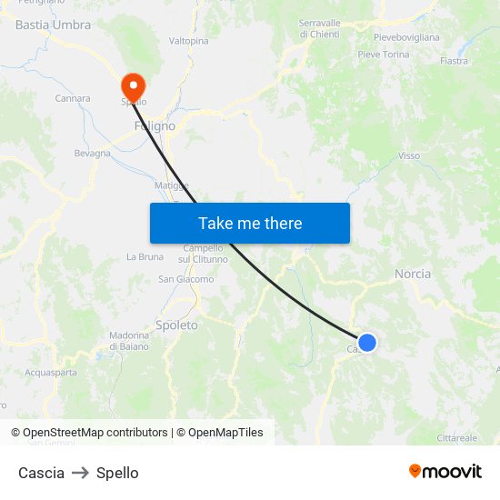 Cascia to Spello map