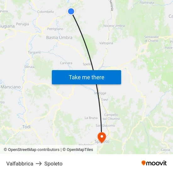 Valfabbrica to Spoleto map