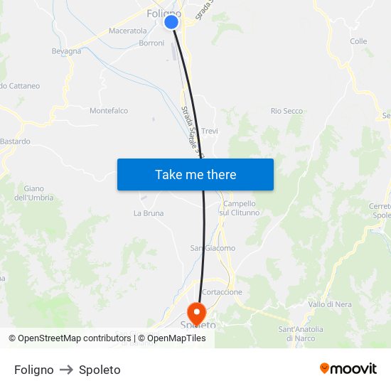 Foligno to Spoleto map