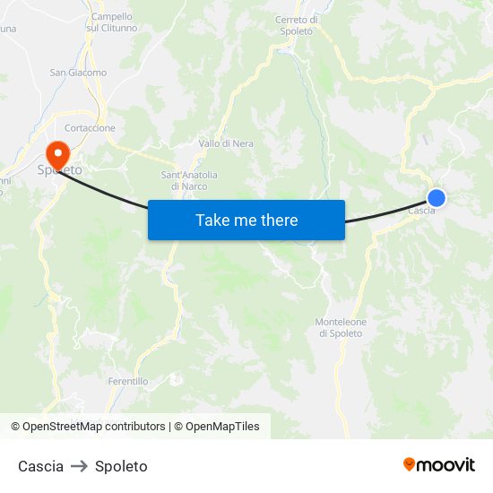 Cascia to Spoleto map