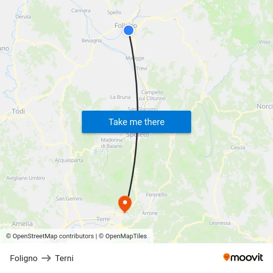Foligno to Terni map