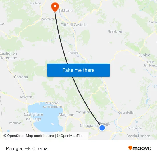 Perugia to Citerna map