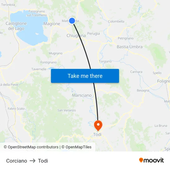 Corciano to Todi map