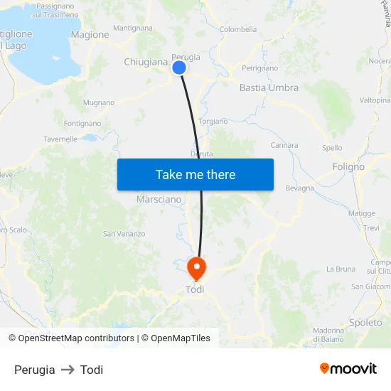 Perugia to Todi map